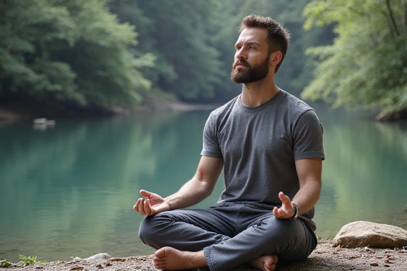 A man meditating in a serene natural environment, symbolizing balance and well-being.