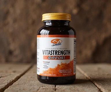 A bottle of 'VitaStrength Support' supplement with strong, earthy textures.