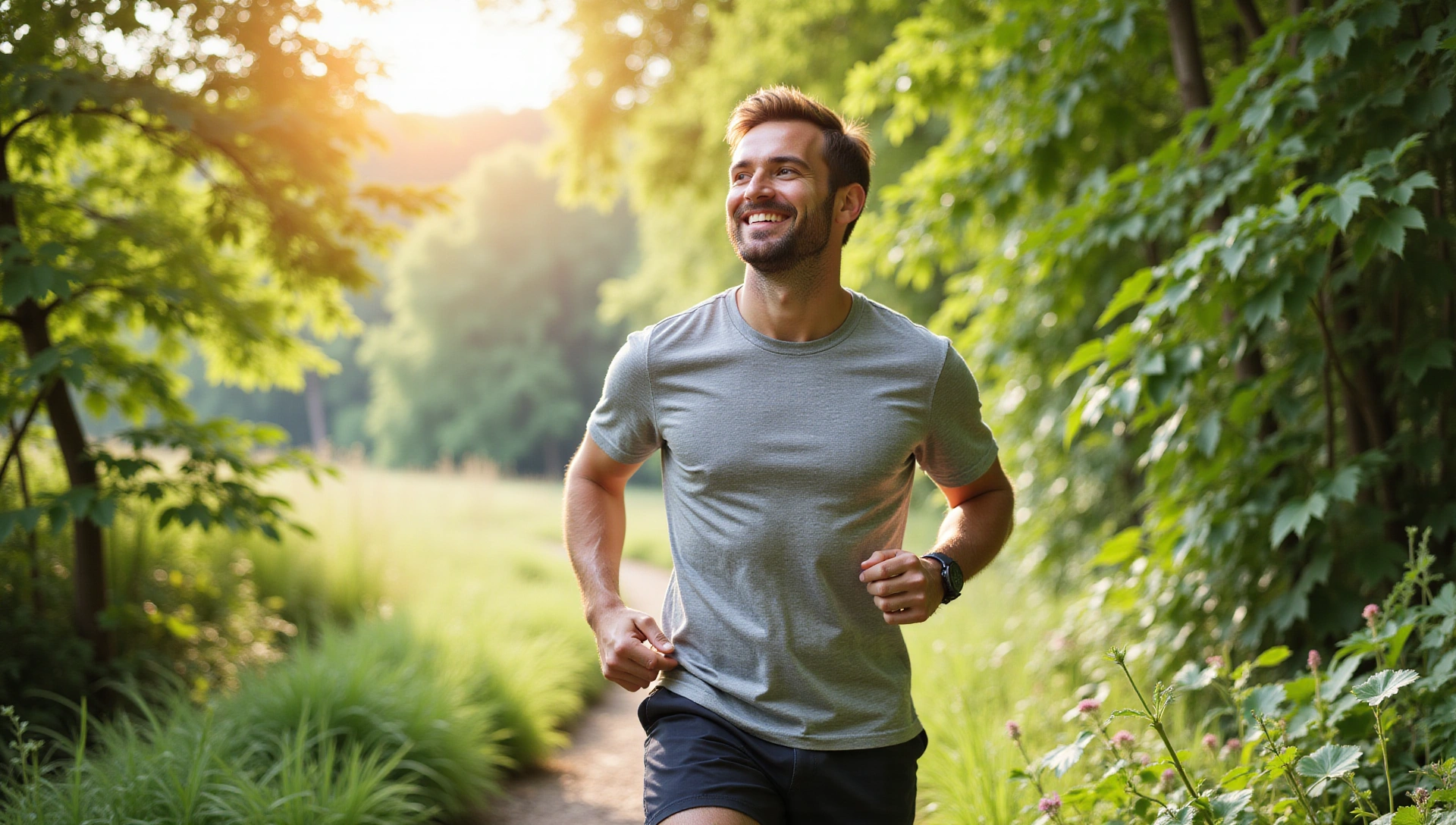 A vibrant, active man in a natural setting, surrounded by natural ingredients like leaves and fruits, symbolizing health and vitality.