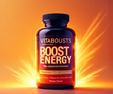 A bottle of 'VitaBoost Energy' supplement with dynamic energy lines.