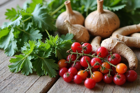 Natural ingredients like herbs, fruits, and roots, representing the purity of VitaFit products.